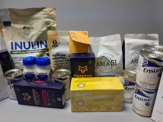 APPROXIMATELY 18 ASSORTED FOOD & DRINK ITEMS TO INCLUDE NU U NUTRITION INULIN POWDER, AREA 51 ETHOPIA ROAST, FRESUBIN VITAMIN DRINK, ETC