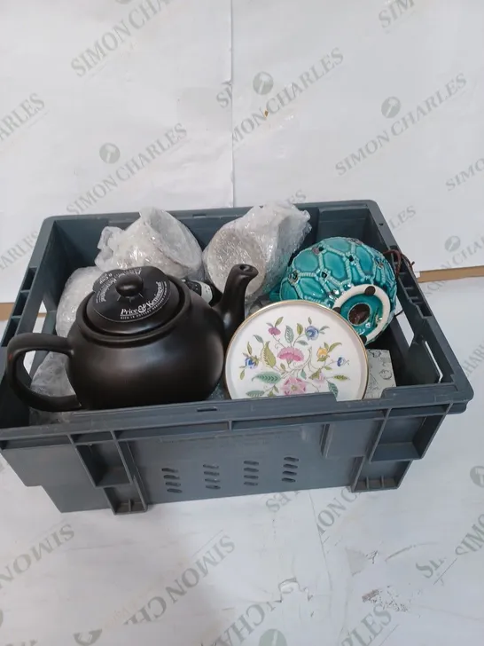 BOX TO CONTAIN AN ASSORTMENT OF CERAMICS, INCLUDES A TEA POT, CUPS, VASES ETC - COLLECTION ONLY