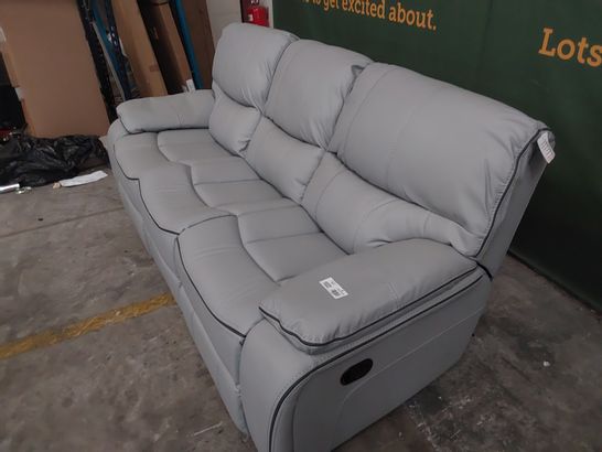 DESIGNER LIGHT GREY LEATHER MANUAL RECLINING 3 SEATING SOFA WITH CONTRASTING LINING