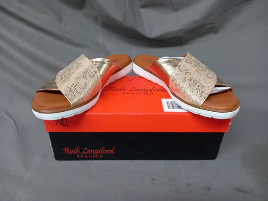 BOXED PAIR OF RUTH LANGSFORD FLAT SANDALS IN METALLIC CHAMPAGNE GOLD SIZE 8