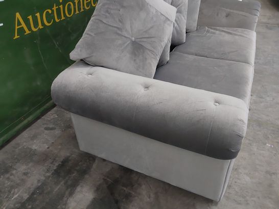 DESIGNER FIXED THREE SEATER SCROLL ARM SOFA  GREY PLUSH FABRIC WITH SCATTER CUSHIONS 