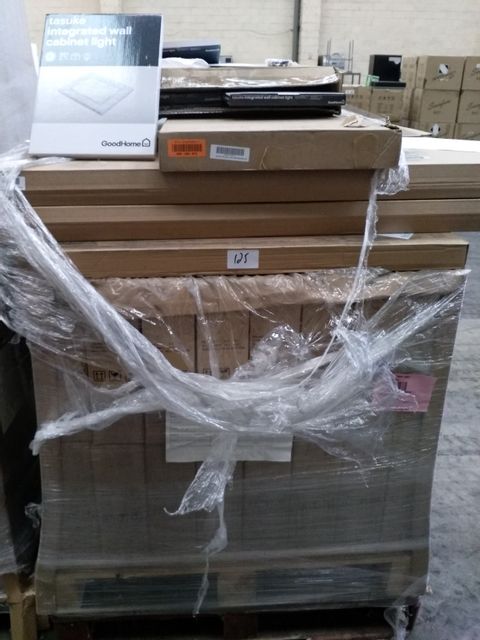 PALLET OF APPROXIMATELY  6 OPEN WALL UNITS 998 X 240 X 450mm GREY & APPROXIMATELY 32 X 8 TASUKE 300mm CABINET LIGHTS