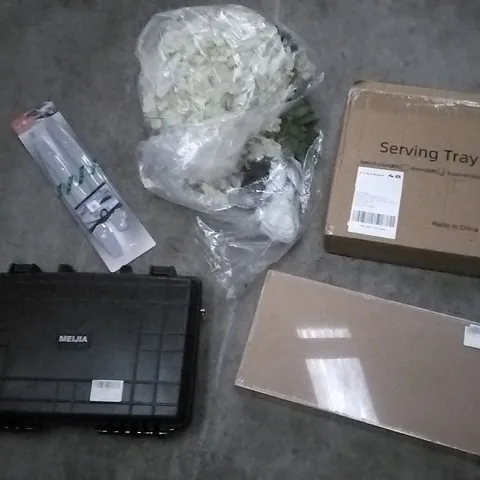 PALLET OF ASSORTED ITEMS INCLUDING BUMPER GUARD, PLASTIC DECORATIVE FLOWERS, SERVING TRAY, MEIJIA ALL WEATHER CASE AND FAUCET KIT