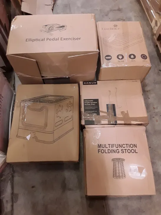 PALLET OF ASSORTED PRODUCTS INCLUDING ELLIPTICAL PEDAL EXERCISER, MULTIFUNCTION FOLDING STOOL, ADJUSTABLE HEIGHT SPEAKER STAND, CAT LITTER BOX, RAISED AIR BED