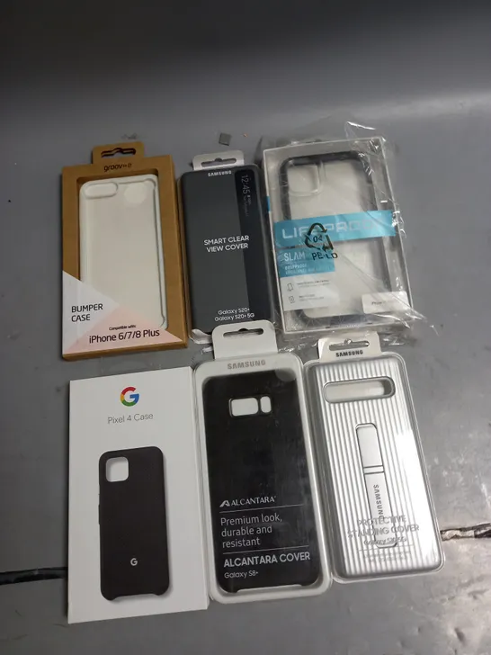 LARGE BOX OF APPROX 100 ASSORTED PHONE CASES TO INCLUDE LIFEPROOF DROPPROOF FOR IPHONE 11 PRO MAX, GOOGLE PIXEL 4 AND SAMSUNG GALAXY S20+ SMART CLEAR VIEW COVER ETC