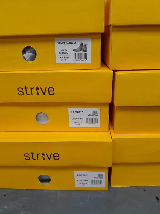 10 PAIRS OF BOXED STRIVE BOOTS IN VARIOUS SIZES AND COLOURS