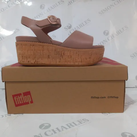 BOXED PAIR OF FITFLOP ELOISE CORK-WRAP LEATHER BACK STRAP WEDGE SANDALS IN BEIGE UK SIZE 4