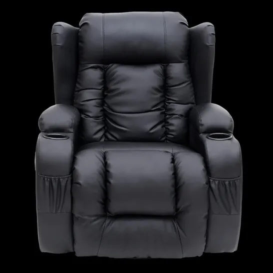 BOXED DESIGNER SWIVEL MASSAGE RECLINING CHAIR & FOOTSTOOL BLACK LEATHER 