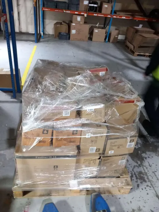 LARGE PALLET OF ASSORTED CHRISTMAS DECORATIONS TO INCLUDE; CRACKERS, MUGS, STRING LIGHTS AND 8 PIECE GNOME SETS