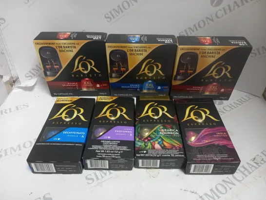 APPROXIMATELY 15 ASSORTED L'OR COFFEE CAPSULE PRODUCTS TO INCLUDE ARABICA BOURBON, DECAF, DOUBLE SPLENDENTE ETC 