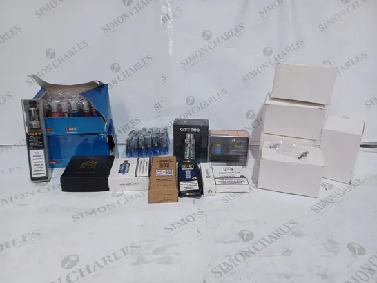 BOX TO CONTAIN A LARGE ASSORTMENT OF E-CIGARETTE REPLACEMENT PARTS & ACCESSORIES. BRANDS INCLUDE GTS, KAYFUN, ASPIRE, GEEK VAPE, KAMREY ETC