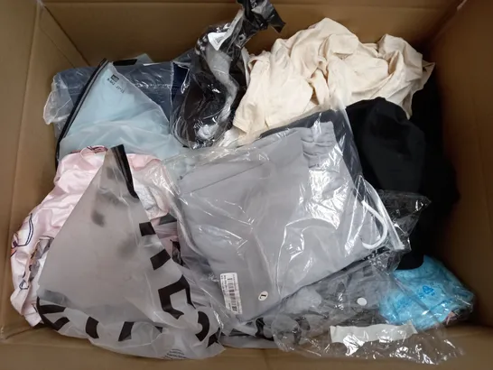 BOX OF APPROXIMATELY 25 ASSORTED CLOTHING ITEMS TO INCLUDE - SHORTS , BRA , TOP ETC