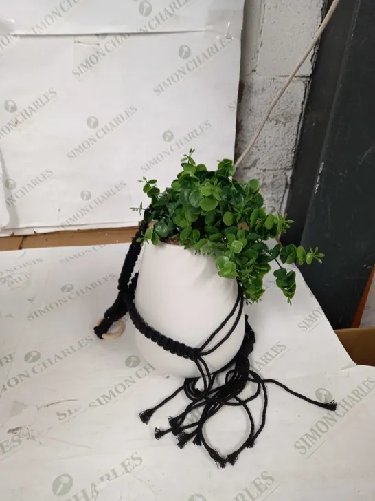 BUNDLEBERRY BY AMANDA HOLDEN HANGING MACRAME CERAMIC POT WITH FAUX PLANT, WHITE