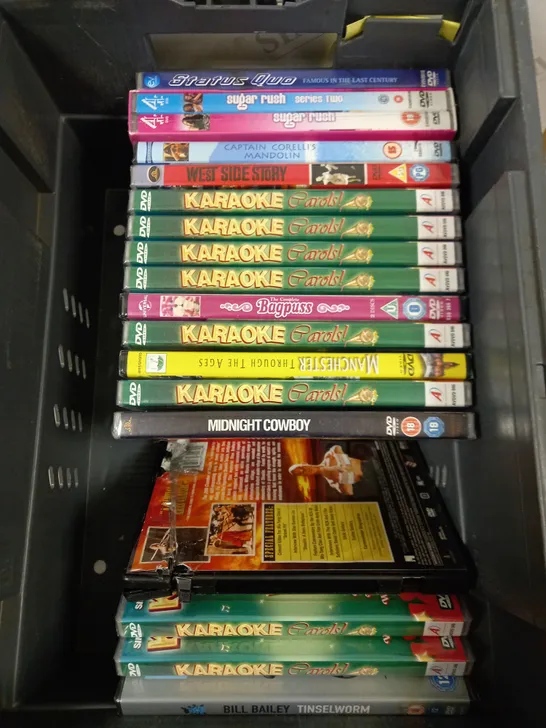 BOX OF APPROXIMATELY 15 ASSORTED DVDS TO INCLUDE BILL BAILEY, KARAOKE CAROLS, MANCHESTER THROUGH THE AGES ETC