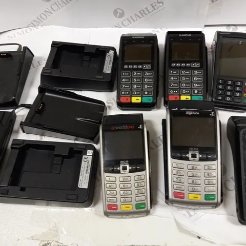 LOT OF 6 ASSORTED HANDHELD CARD TERMINALS TO INCLUDE INGENICO IWL250 AND CASTLES VEGA3000