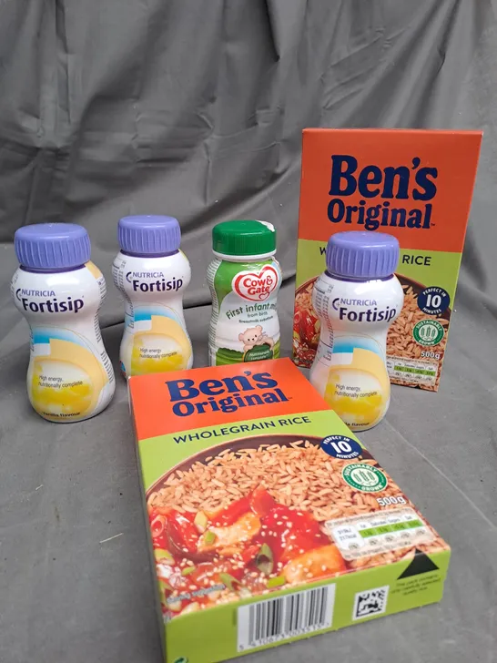 BOX OF APPROXIMATELY 10 ITEMS TO INCLUDE BENS ORIGINAL RICE, FORTSIP, INFANT MILK ETC