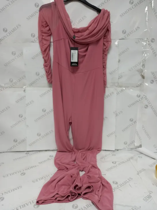 CLUB LONDON RUCHED MESH BARDOT JUMPSUIT IN POWDER PINK