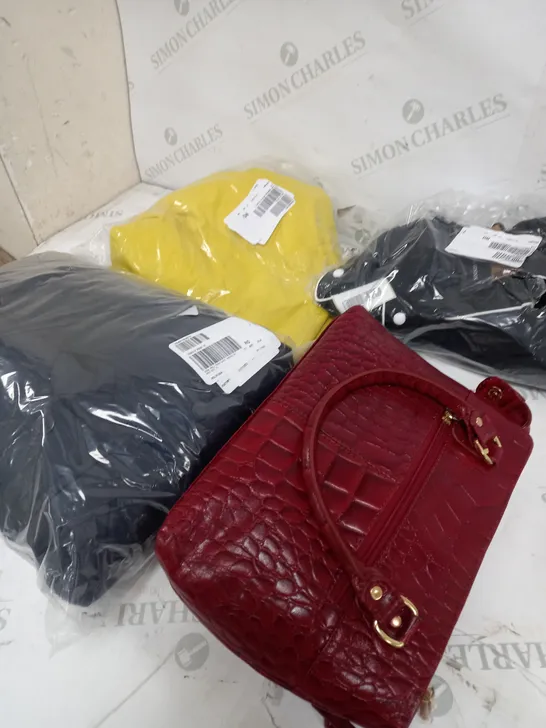 BOX OF APPROXIMATELY 10 ASSORTED CLOTHING ITEMS TO INCLUDE COAT, HANDBAG, TOPS ETC