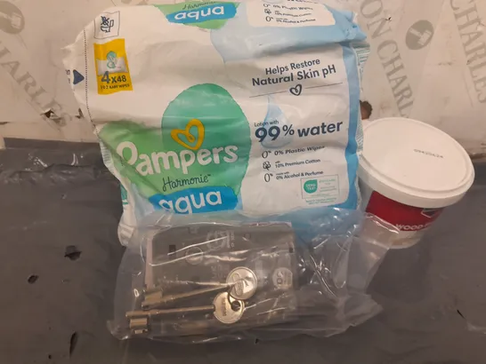 APPROXIMATELY 12 ASSORTED HOUSEHOLD ITEMS TO INCLUDE CE 3 LEVER MORTICE LOCK BODY ONLY, PAMPERS WIPES, READY MIXED WOOD FILLER, ETC