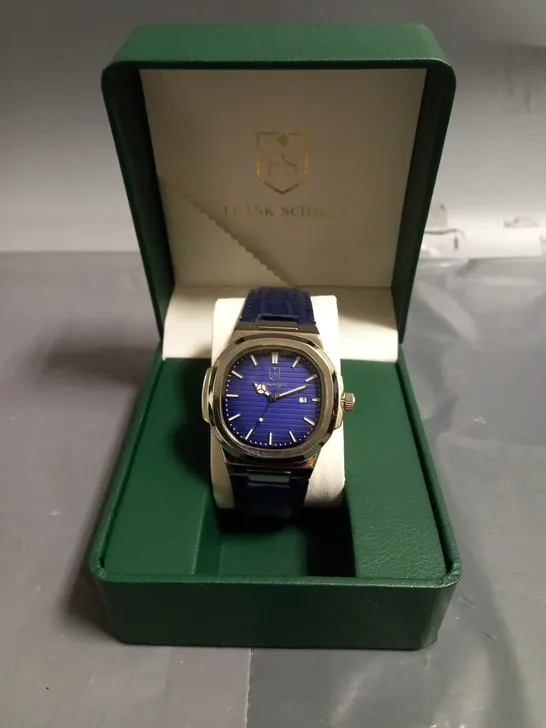 FRANK SCHMIDT MENS TEXTURED DIAL DATED WATCH WITH LEATHER STRAP IN BLUE