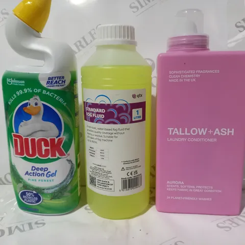 APPROXIMATELY 15 ASSORTED HOUSEHOLD ITEMS TO INCLUDE TALLOW + ASH LAUNDRY CONDITIONER, STANDARD FOG FLUID, ETC