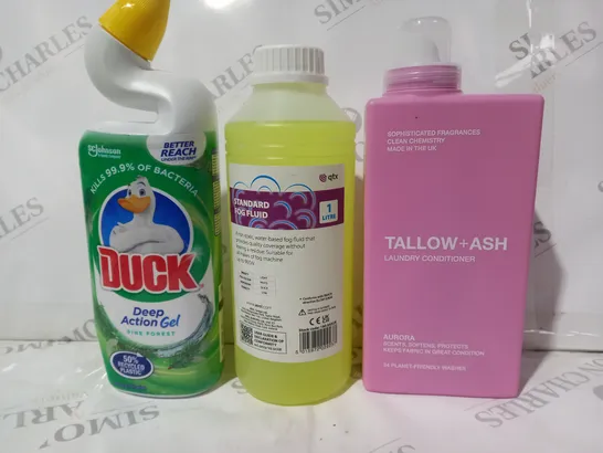 APPROXIMATELY 15 ASSORTED HOUSEHOLD ITEMS TO INCLUDE TALLOW + ASH LAUNDRY CONDITIONER, STANDARD FOG FLUID, ETC