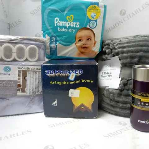 LOT OF APPROX 10 ASSORTED HOUSEHOLD ITEMS TO INCLUDE SHOWER CURTAIN, PAMPERS, SUPER SOFT RIBBED SMALL GREY THROW, ETC 