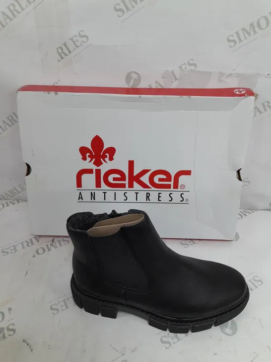 BOXED PAIR OF RIEKER CHUNKY ANKLE BOOTS IN BLACK - SIZE 3.5