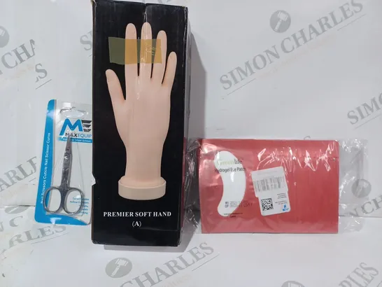 APPROXIMATELY 15 ASSORTED HOUSEHOLD ITEMS TO INCLUDE PREMIER SOFT HAND, HYDROGEL EYE PATCH, SCISSORS, ETC