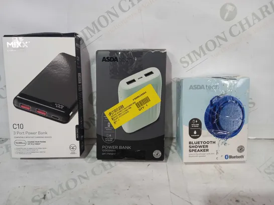 BOX OF APPROXIMATELY 20 ASSORTED ELECTRICAL ITEMS TO INCLUDE ASDA TECH BLUETOOTH SHOWER SPEAKER, ASDA TECH POWER BANK, MIXX C10 3-PORT POWER BANK, ETC