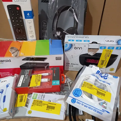 LOT OF APPROX. 10 X ITEMS TO INCLUDE ASDA TECH WIRELESS NOISE CANCELLING HEADPHONES, POLAROID BLUETOOTH QI CHARGING ALARM CLOCK, JUICE MICRO USB CHARGE AND SYNC CABLE, ETC.
