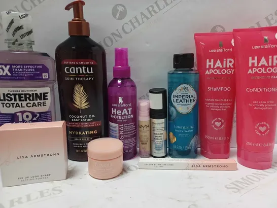 LOT OF APPROX 11 ASSORTED BEAUTY PRODUCTS TO INCLUDE LEE STAFFORD HEAT SPRAY, REVOLUTION MIRROR SHINE SERUM, IMPERIAL LEATHER BODY WASH, ETC 