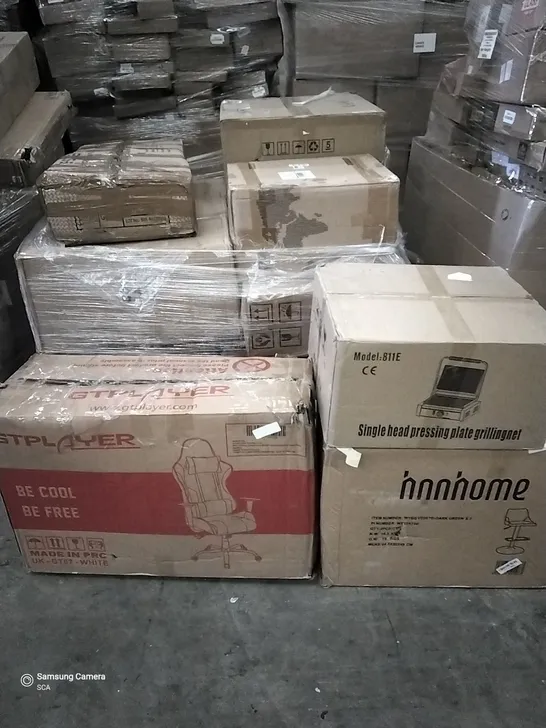 PALLET OF ASSORTED ITEMS INCLUDING GT PLAYER GAMING CHAIR, SINGLE HEAD PRESSING PLATE GRILLINGNET