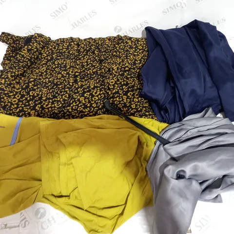 BOX OF ASSORTED CLOTHING ITEMS TOO INCLUDE TOPS DRESSES AND TROUSERS 
