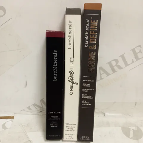 LOT OF 3 ASSORTED BAREMINERALS PRODUCTS TO INCLUDE GEN NUDE PATENT LIP LACQUER - PLUM GARNET, MICROLINER EYELINER - SHARP CHARCOAL, BROW STYLER CRAYON - UNIVERSAL LIGHT