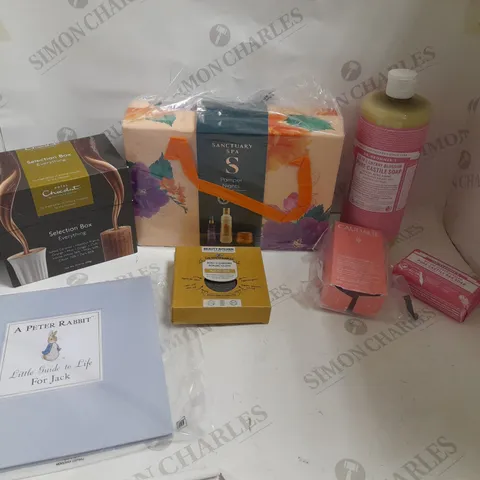 BOX OF APPROXIMATELY 10 ASSORTED HOUSEHOLD AND BEAUTY ITEMS TO INCLUDE CAUDALIE SOS SERUM, PAMPER NIGHTS GIFT SET, PERSONALISED PETER RABBIT BOOK ETC