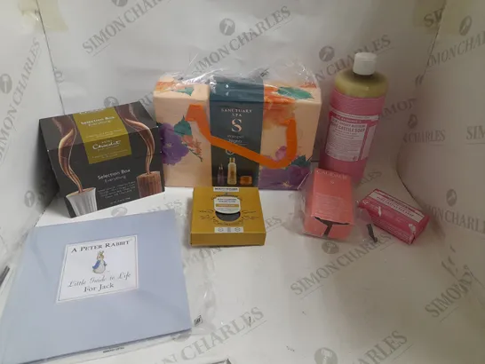 BOX OF APPROXIMATELY 10 ASSORTED HOUSEHOLD AND BEAUTY ITEMS TO INCLUDE CAUDALIE SOS SERUM, PAMPER NIGHTS GIFT SET, PERSONALISED PETER RABBIT BOOK ETC