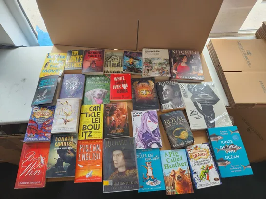 CAGE OF A SIGNIFICANT QUANTITY OF ASSORTED BOOKS BY TOM CLANCY, JOHN BOYNE, NIGELLA LAWSON, ISUI ISHIDA, CRESSIDA COWELL, WALTER M. MILLER JR, ETC