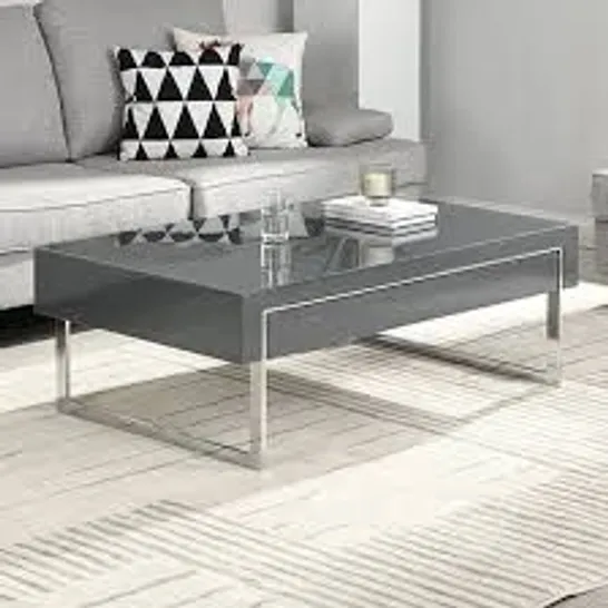 BOXED CASA COFFEE TABLE IN STRADA GREY GLOSS WITH CHROME LEGS AND DRAWER (1 BOX)