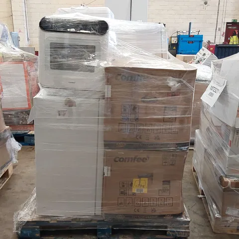 PALLET OF APPROXIMATELY 9 UNPROCESSED RAW RETURN WHITE GOODS TO INCLUDE 2X FRIDGEMASTER  FRIDGES WITH LED LIGHTING - WHITE AND 7X COMFEE MINI PLUS TD305-W COMPACT TABLE TOP DISHWASHERS