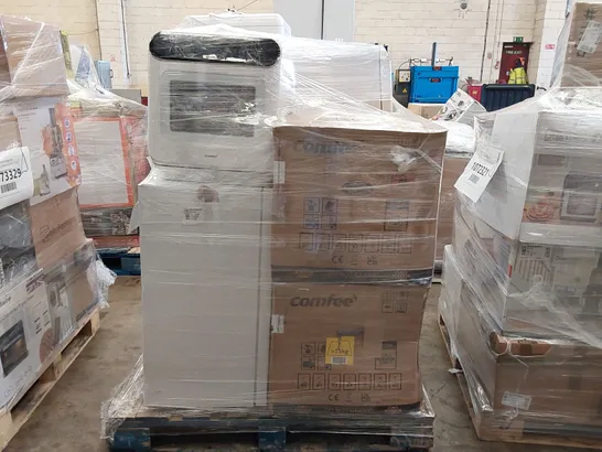 PALLET OF APPROXIMATELY 9 UNPROCESSED RAW RETURN WHITE GOODS TO INCLUDE 2X FRIDGEMASTER  FRIDGES WITH LED LIGHTING - WHITE AND 7X COMFEE MINI PLUS TD305-W COMPACT TABLE TOP DISHWASHERS