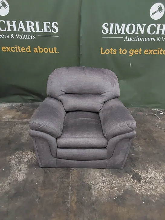 DESIGNER ARMCHAIR UPHOLSTERED IN SOFT SILVER/GREY FABRIC 