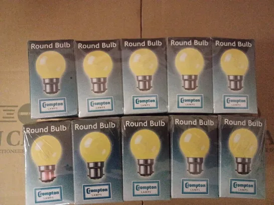 LOT OF 20 BRAND NEW CROMPTON LAMPS COLOURGLAZED 45MM ROUND BULB 15W YELLOW ROU15YBC-GLZ