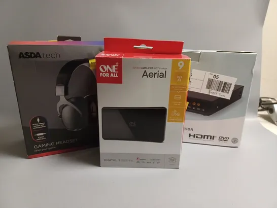 APPROXIMATELY 20 ASSORTED TECH PRODUCTS TO INCLUDE GAMING HEADSET, DVD PLAYER, HDTV INDOOR AERIAL 