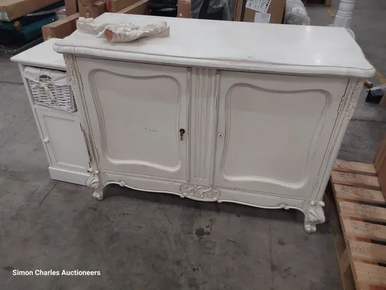 FRENCH STYLE DISTRESSED WHITE OPEN SHELF DISPLAY UNIT  & DOUBLE DOOR CUPBOARD & WHITE BEDSIDE CABINET 