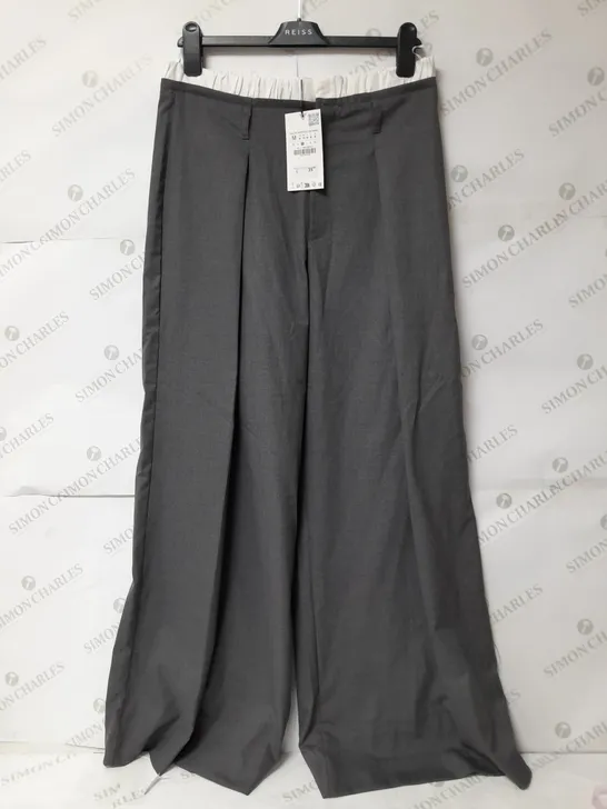 ZARA WIDE LEG COTTON TROUSERS IN GREY WITH WHITE ELASTICATED WAISTBAND SIZE M