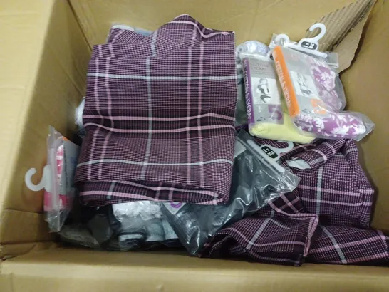 MEDIUM BOX OF ASSORTED CLOTHING PRODUCTS TOO INCLUDE TROUSERS , UNDERWEAR AND SHIRTS 