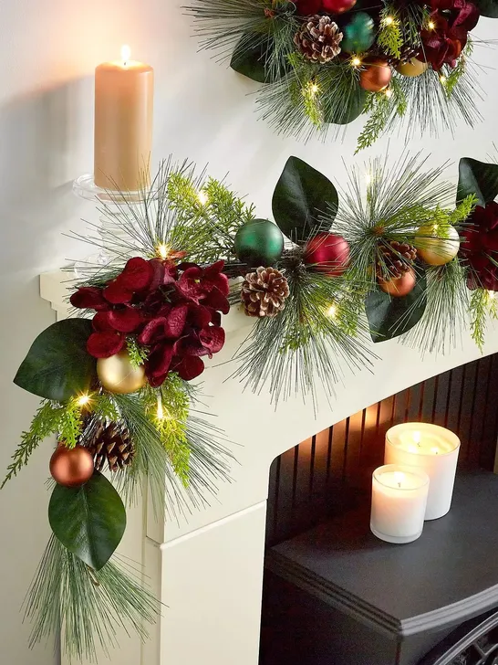 RED HYDRANGEA PRE-LIT CHRISTMAS GARLAND