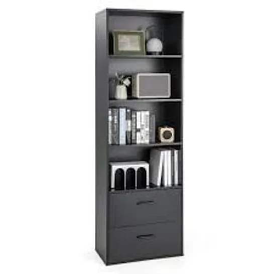 BOXED COSTWAY 6-TIER WOOD TALL BOOKSHELF BOOKCASE ORGANIZER DISPLAY SHELF W/ 2 DRAWERS - BLACK (1 BOX)