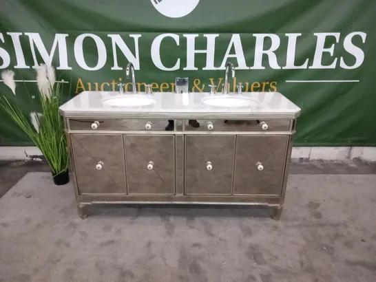 MIRRORED ANTIQUED RIBBED MARBLE TOPPED VANITY UNIT WITH TWO INBUILT BASINS